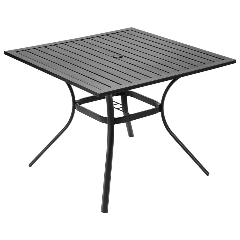Outdoor Square Dining Table, Steel Slat Patio Table with Umbrella Hole - Black image number 8