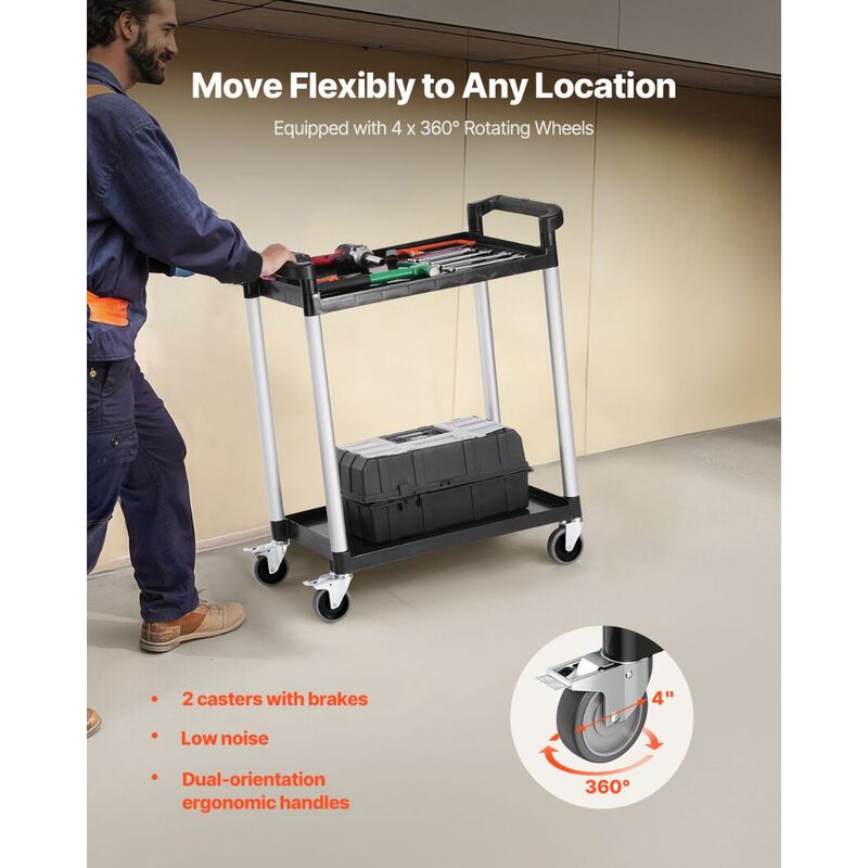 2-Tier Utility Cart with 360&deg; Rotating Wheels, Food Service Cart for Warehouse & Home-Black image number 3