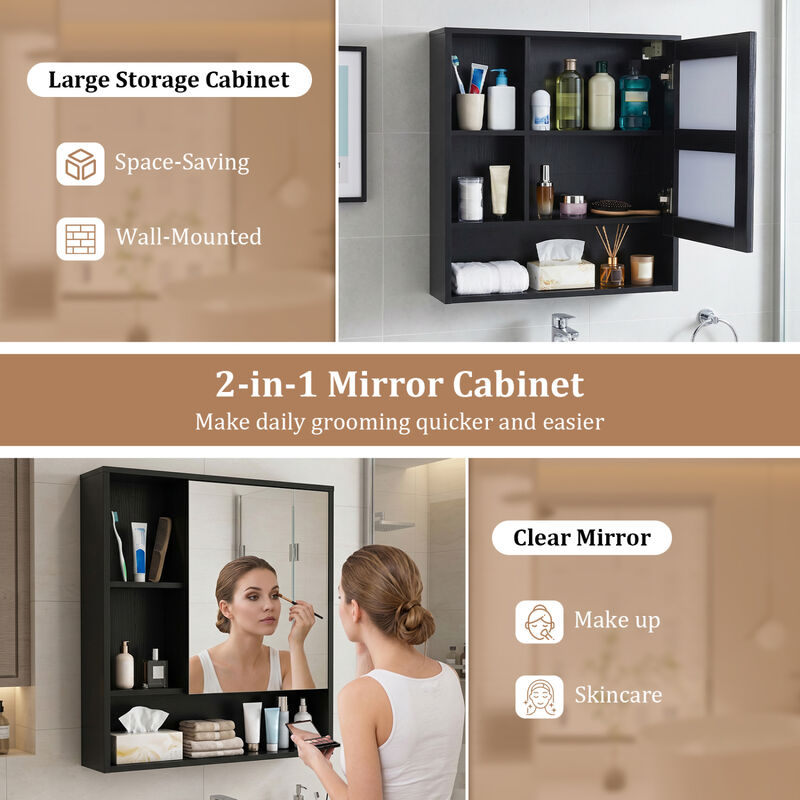 Bathroom Wall Mirror Cabinet with 2 Hidden Shelves and 3 Open Cubbies image number 4