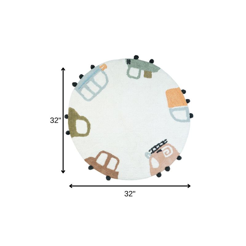 HomeRoots 32" Blue Green And White Cotton Cars Round Youthful Bath Rug image number 5