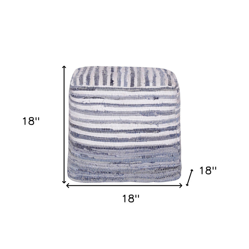 Hivvago 18 Inch Blue Cotton Cube Striped Pouf Ottoman