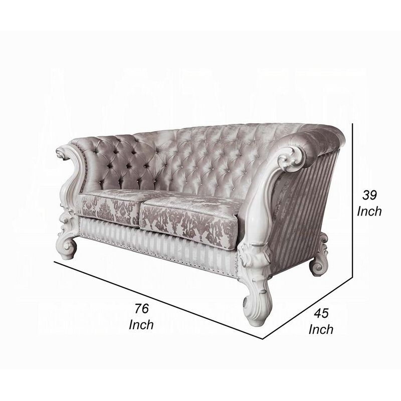 Kai Loveseat, 5 Pillows, Tufted Ivory Fabric, Scrolled, White, 76 Inch - Benzara - Benzara
