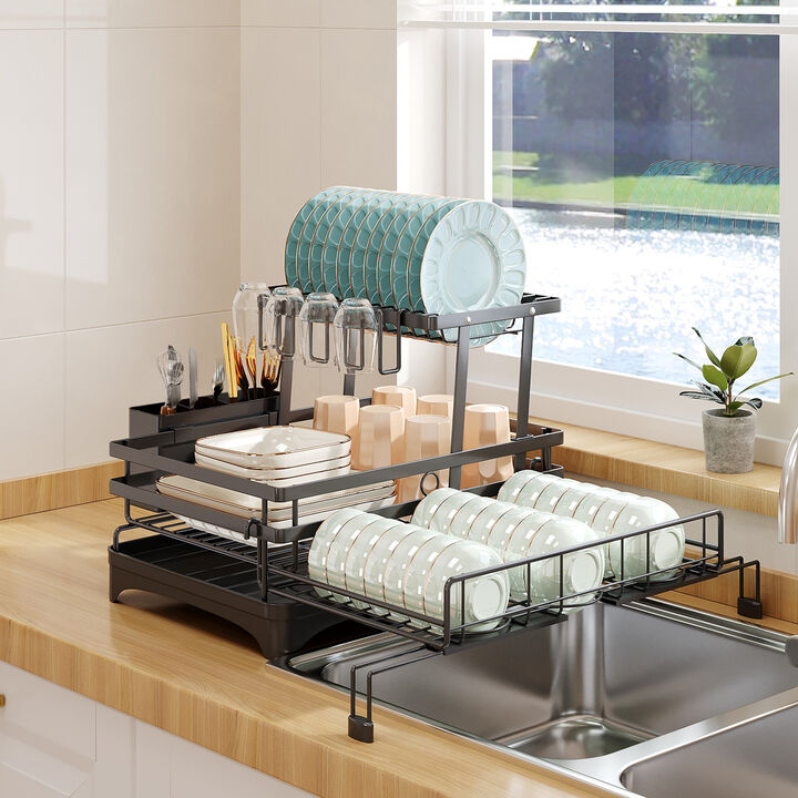 Heavy Duty Expandable Dish Rack, Carbon Steel Kitchen Drying Rack with Quick Drain, Wobble-Free Design for Dishes, Cups & Utensils