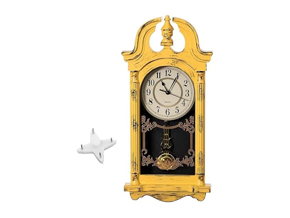 Plastic Grandfather Distressed Finish Wall Clock 20 Inch Yellow