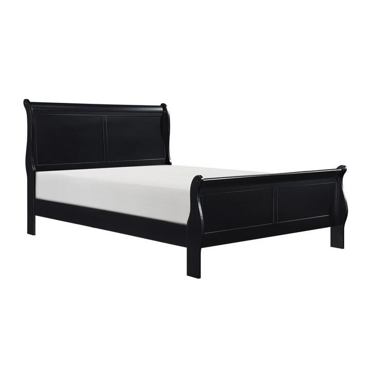 Gage Traditional Queen Size Sleigh Bed, Wood Frame, Bold Jet Black Finish-Benzara
