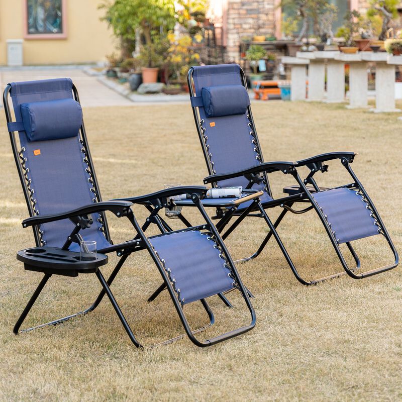 Zero Gravity Lounger Chair Set of 3, Folding Reclining Patio Chair with Side Table, Cup Holder and Headrest for Poolside, Camping, Blue