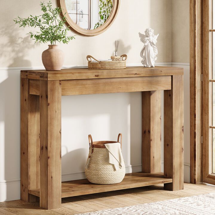 Narrow Solid Wood Farmhouse Sofa Console Table for Entryway or Hallway-Brown