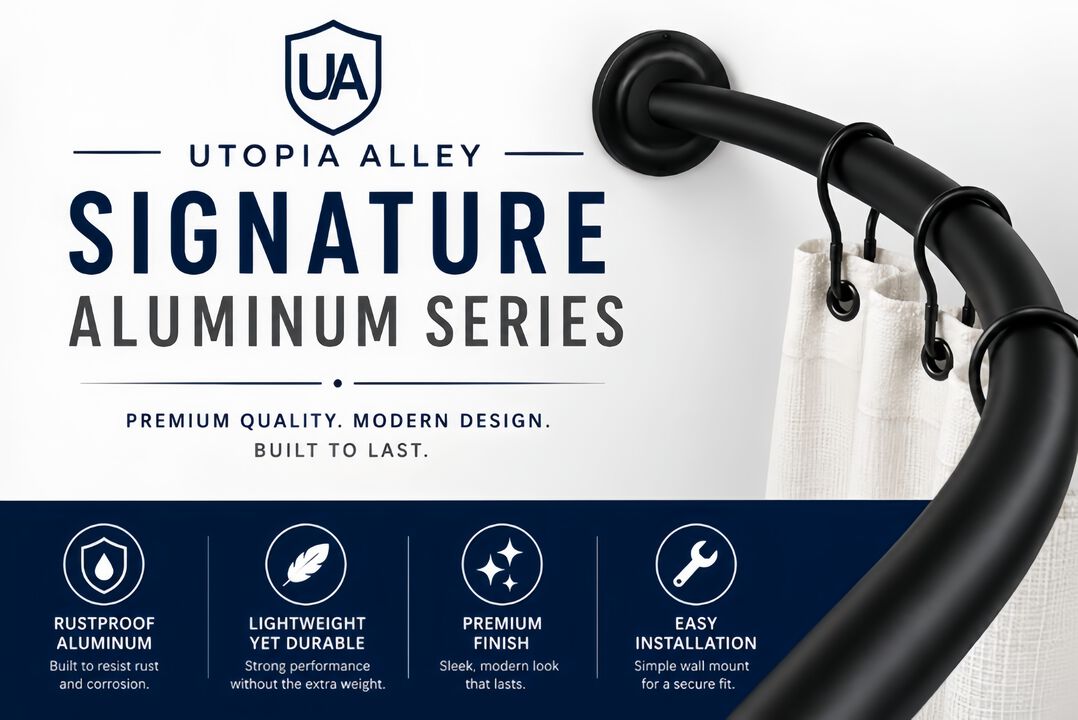 Utopia Alley Signature Aluminum Series Curved Shower Curtain Rod - Rustproof Aluminum Wall Mount Rod, Adjustable 45 to 72 Inch, Adds Up to 8 Inches of Extra Shower Space