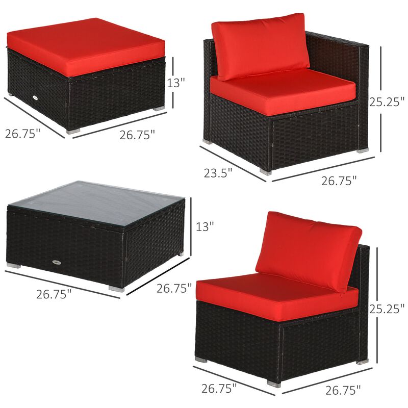 6 Pieces Outdoor PE Rattan Sofa Set, Sectional Conversation Wicker Patio Couch Furniture Set with Cushions and Coffee Table, Red