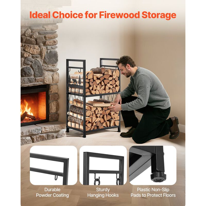 2-Tier Firewood Holder with Fireplace Tools, Heavy Duty Wood Storage Rack for Indoor Use-Black image number 5