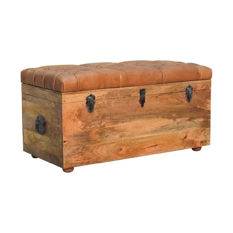 Artisan Furniture Buffalo Ten Leather  Hide Oak-ish Solid Wood  Storage Trunk