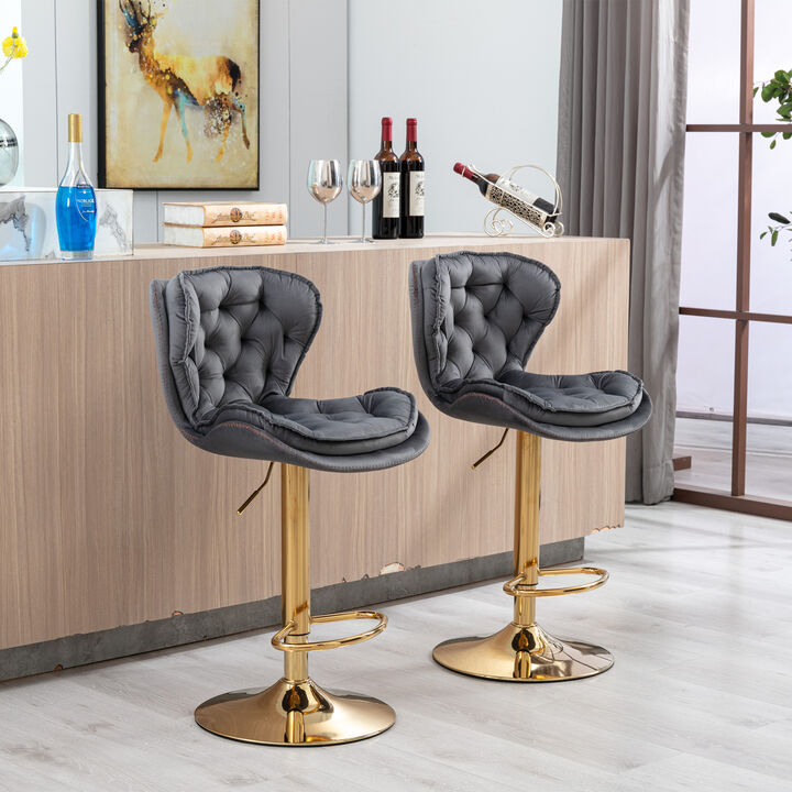 TATEUS Set of 2 Bar Stools,with Chrome Footrest and Base Swivel Height Adjustable Mechanical Lifting Velvet + Golden Leg Simple Bar Stool