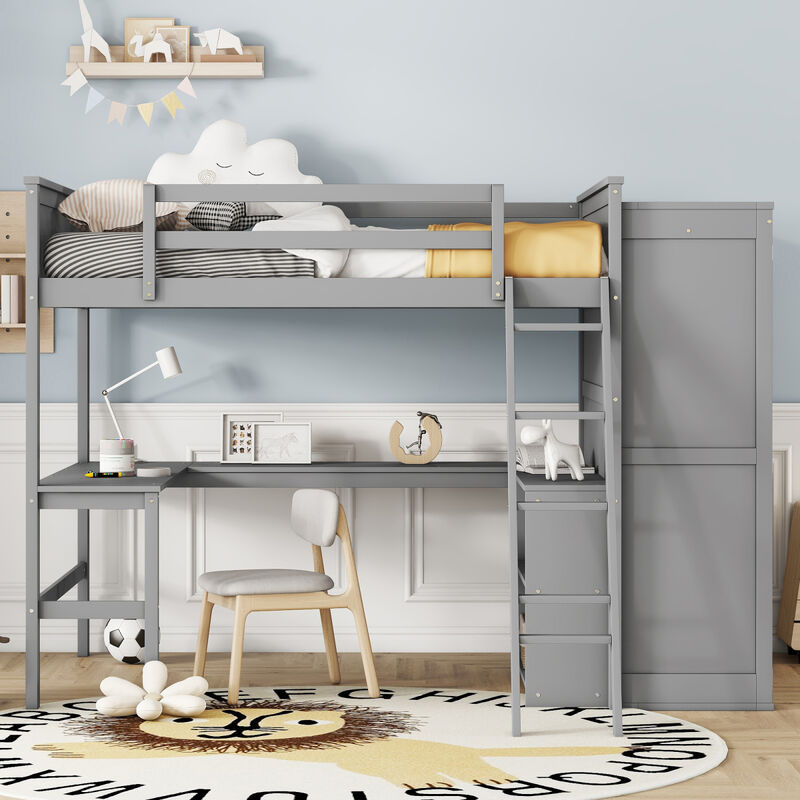 Full size Loft Bed with Desk, Shelves and Wardrobe Gray