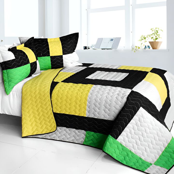 3 PC Queen Decorative Patchwork Quilt Set Vermicelli Quilted Soft Bed Cover Set