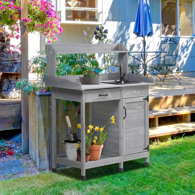 Outsunny Potting Bench Table with Sink, Outdoor Work Bench Table with Storage Cabinet and Hooks, for Greenhouse, Garden, Patio