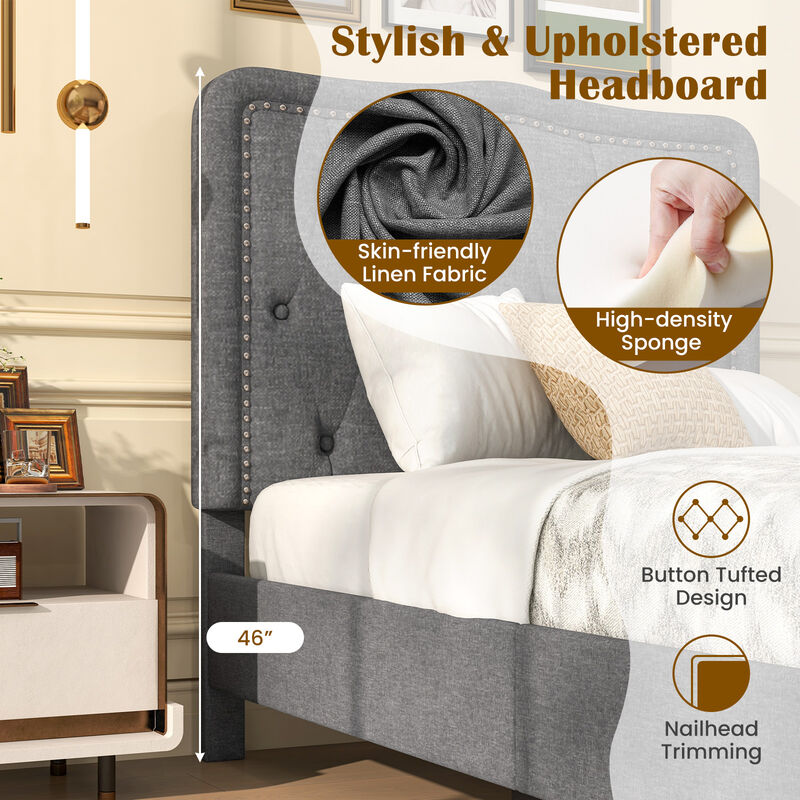 Bed Frame with  Tall Button Tufted Headboard