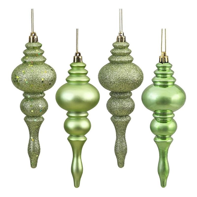 Vickerman 7" 4-Finish Finial Ornament, Shatterproof Plastic Christmas Tree Decoration, 8 Pack, Celadon Shiny, Matte, Glitter and Sequin Finishes image number 0