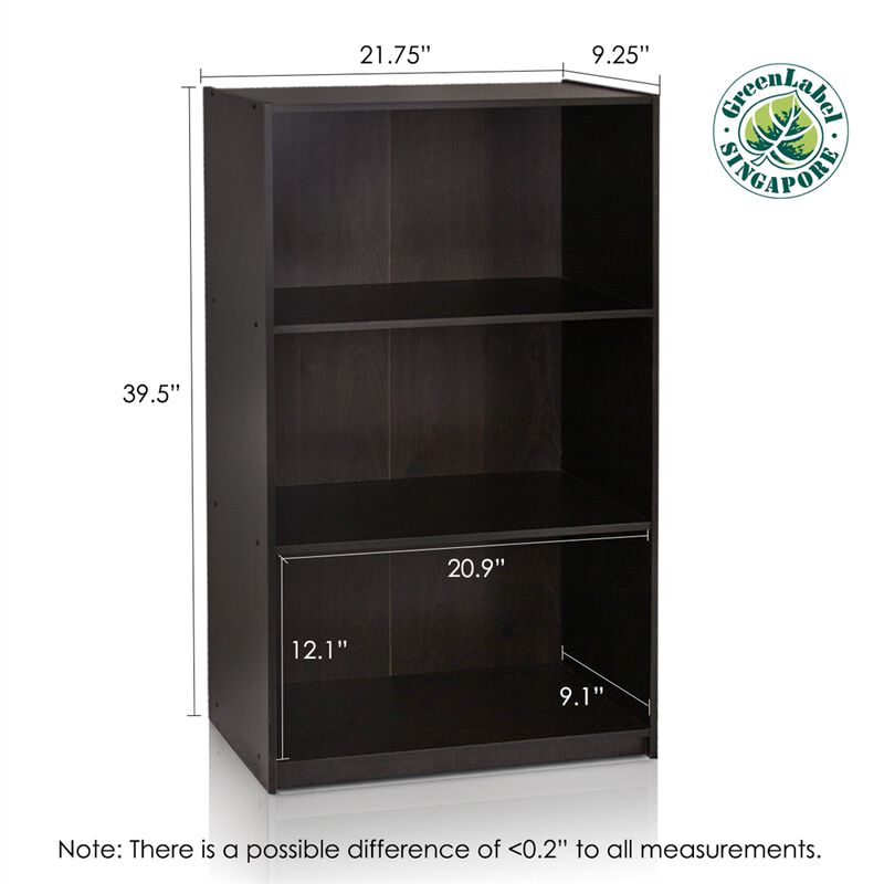 Basic 3-Tier Bookcase Storage Shelves, Espresso