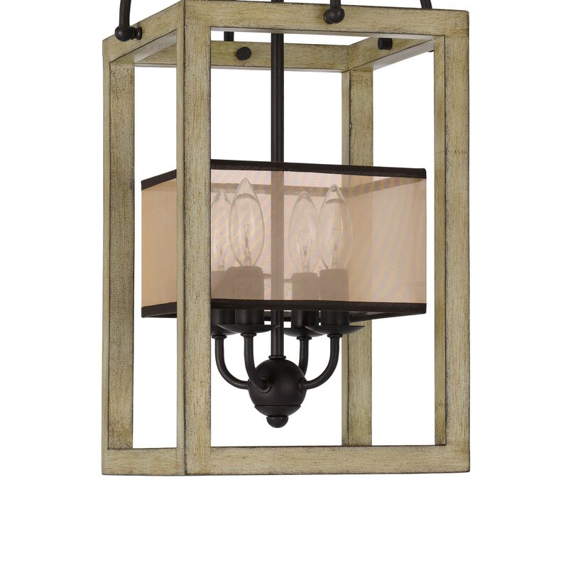 Acia 12 Inch Chandelier, Distressed Brown Organza Shade, Wood, Metal - Benzara
