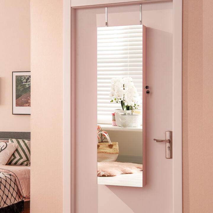 Wall and Door Mounted Mirrored Jewelry Cabinet with Lights-White