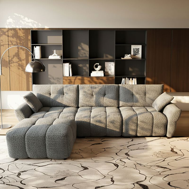 FUFU&GAGA Modern L-Shaped Sofa Set with Ottoman, Includes 2 Pillows, Textured Fabric, (110.2 in. W x 61 in. D x 35.4 in. H), Gray