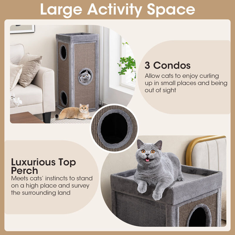 39" Tall Cat Condo with Scratching Posts and 3 Hideaways and 4 Soft Plush Cushions