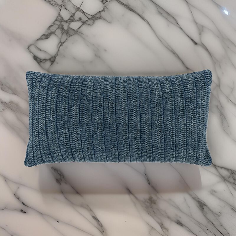 Rosie 14 x 26 Lumbar Accent Throw Pillow, Hand Knitted Designs, Blue Linen - Benzara