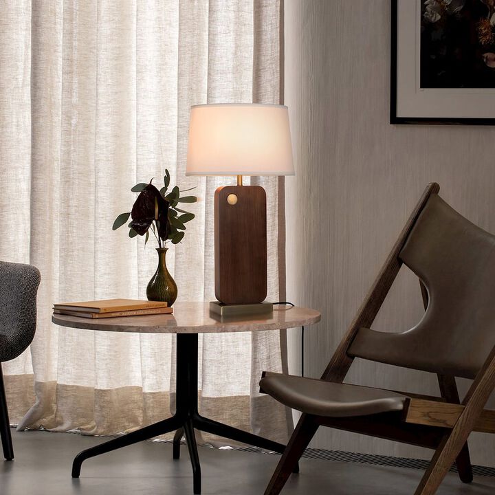 NOVA OF CALIFORNIA Laurel Table Lamp - Dark Walnut Wood Finish, Weathered Brass, White Linen Shade