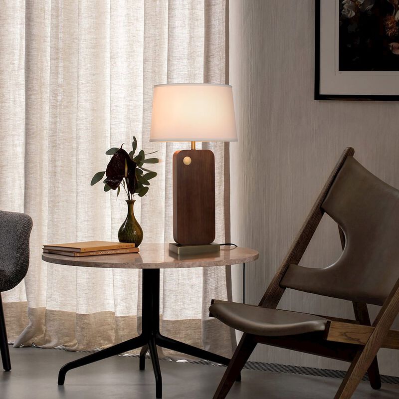 NOVA OF CALIFORNIA Laurel Table Lamp - Dark Walnut Wood Finish, Weathered Brass, White Linen Shade