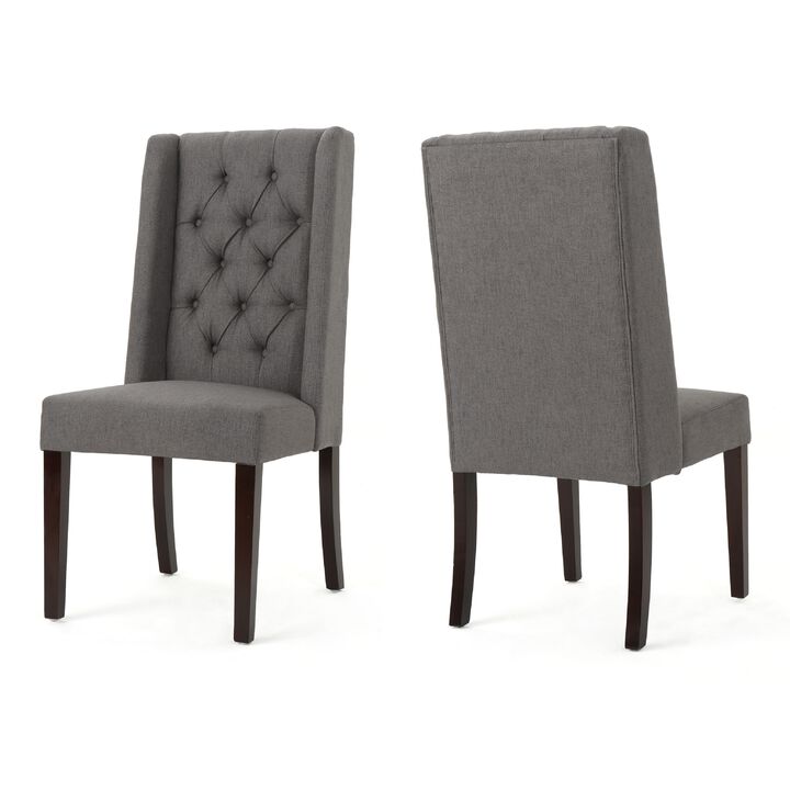 Nathan Dining Chair Set of 2, Dark Brown Wood, Tufted Wingback