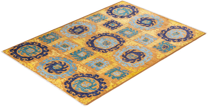 Modern, One-of-a-Kind Hand-Knotted Area Rug  - Yellow, 5' 10" x 8' 7"