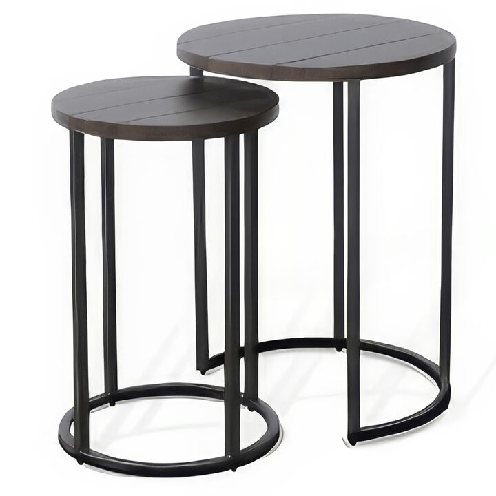 Flint 2 Piece Nesting Table Set, Dark Brown Mahogany, Black Metal Base