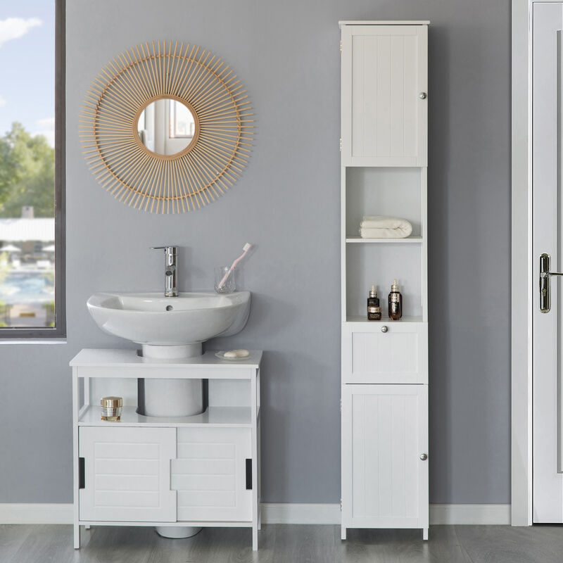 White Tall Standing Bathroom Linen Tower Storage Cabinet for Bathroom and Vanity