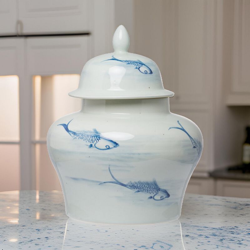 18 Inch Porcelain Ginger Jar, Artful Wispy Fish, Classic White and Blue - Benzara