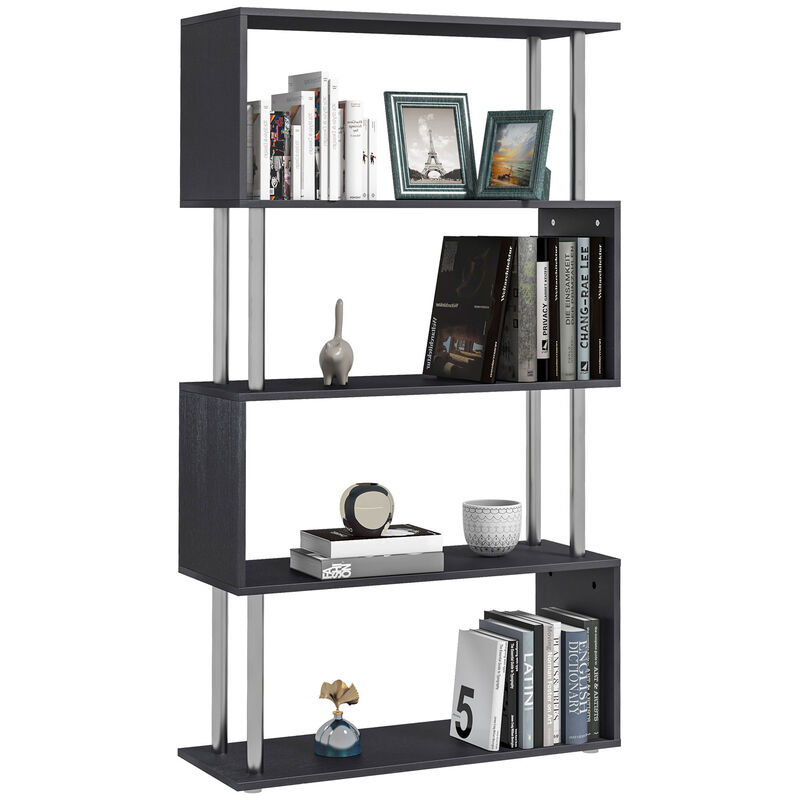 HomCom Modern S-Shaped 5 Tier Room Dividing Bookcase Wooden Storage Display Stand Shelf - Black