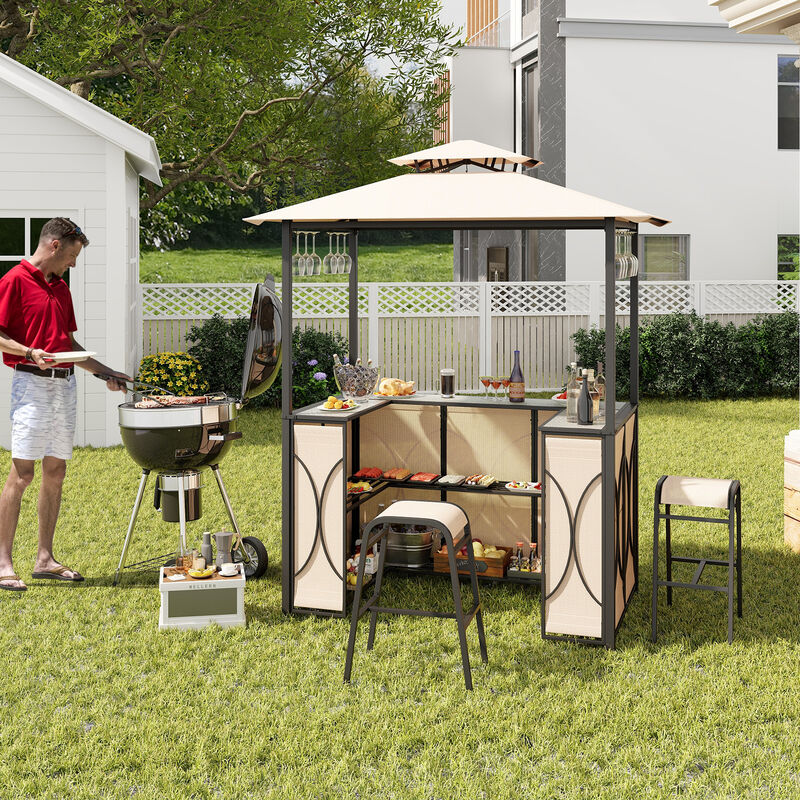 3-Piece Patio Bar Set with Grill Gazebo, 2 Bar Stools, and Tempered Glass Bar Table
