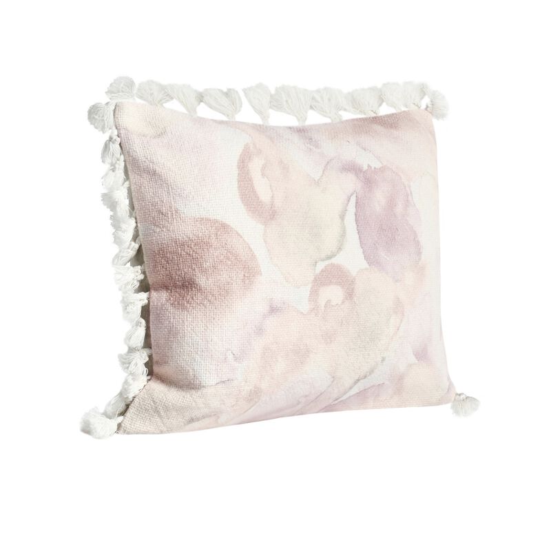 Luos Lumbar Throw Pillow, 14x20 Inch Tasseled Edges, Pink Cotton Linen - Benzara