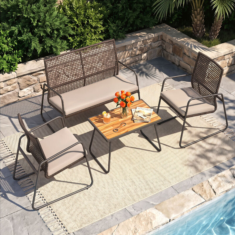 4-Piece Mix Brown Outdoor Furniture Set with Acacia Table and Zippered Cushions image number 2