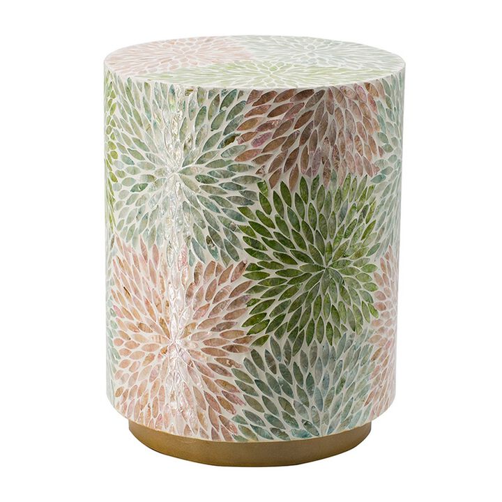 14 Inch Cylindrical Capiz Shell Accent Table Stool, Elegant Leaves Pattern