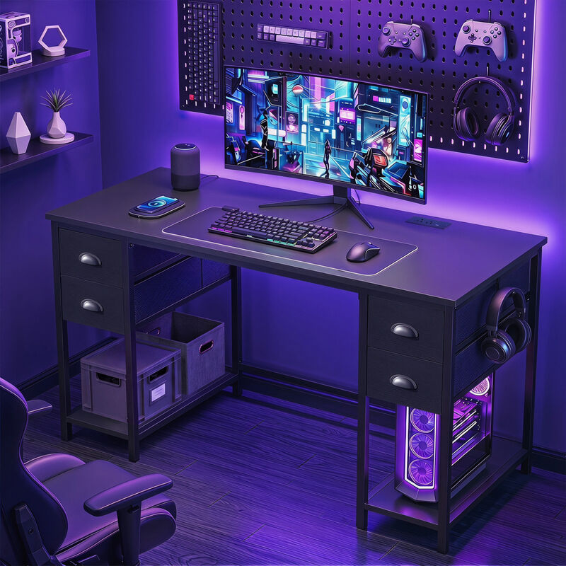 Home Office Computer Desk with Charging Station & 4 Fabric Drawers, Study Work Desk image number 6