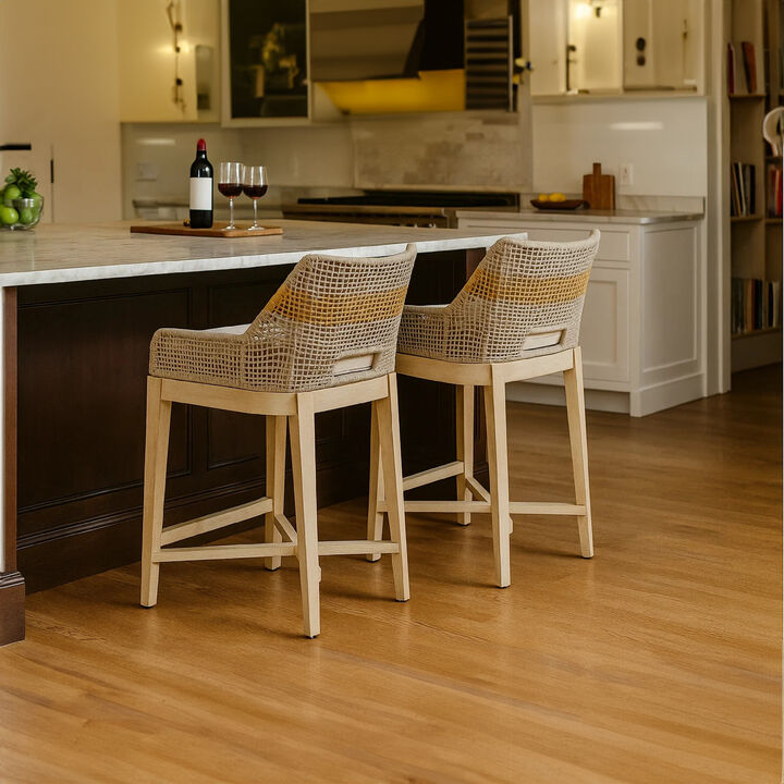 Avira 30 Inch Set of 2 Barstool Chairs , Handcrafted Mango Wood , Cotton Rope Weaving , Beige Cushion