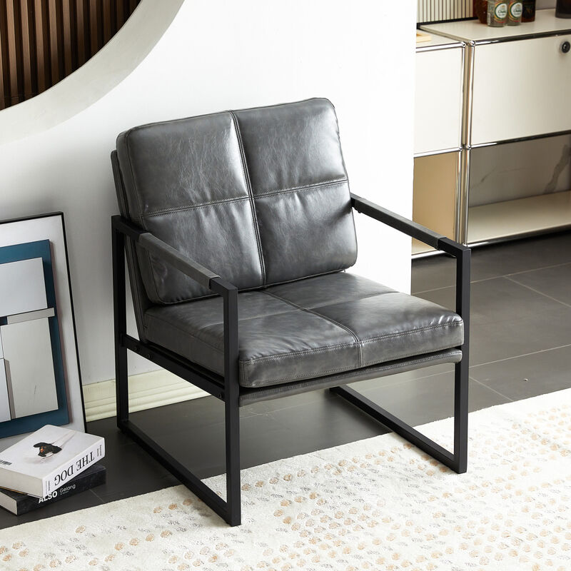 Light grey PU leather leisure black metal frame accent chair for living room and bedroom furniture