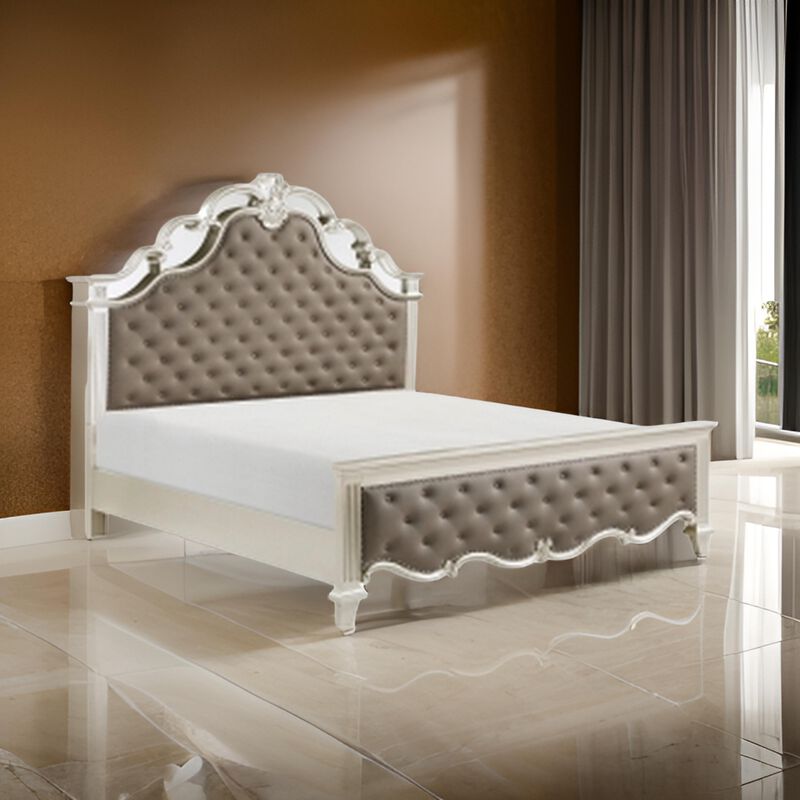 Xeni Queen Bed, Button Tufted Vegan Faux Leather Upholstery, Champagne - Benzara