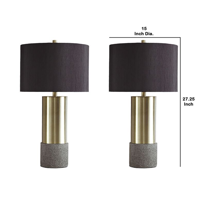 Faux Concrete and Metal Base Table Lamp, Set of 2, Brass and Gray-Benzara