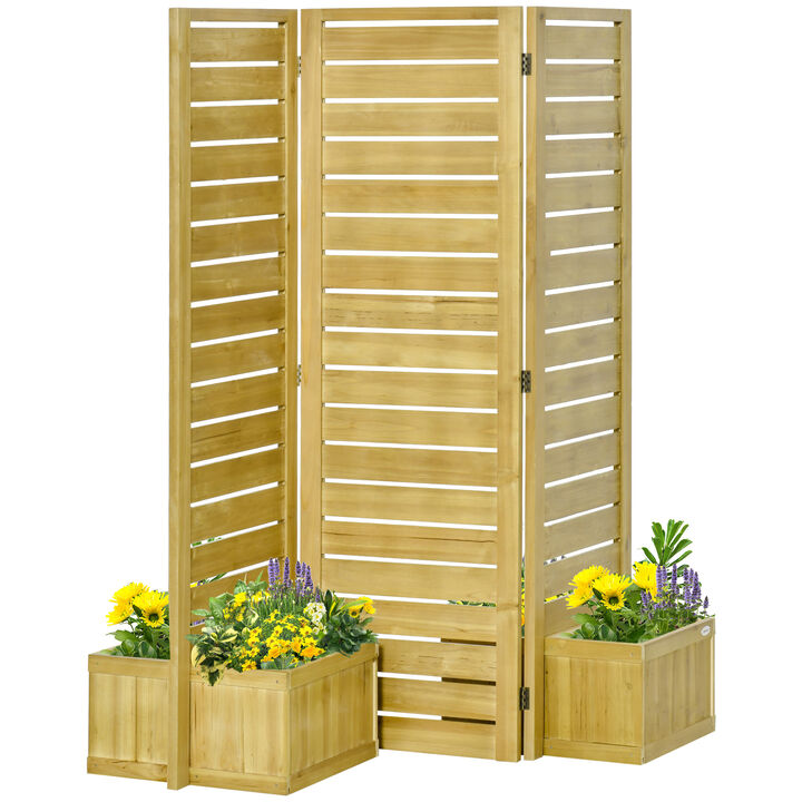 Outsunny Freestanding Outdoor Privacy Screen, 4 Self-Draining Planters / Raised Garden Beds, 3 Hinged Panels for Hot Tub, Patio, Backyard, Deck, Natural