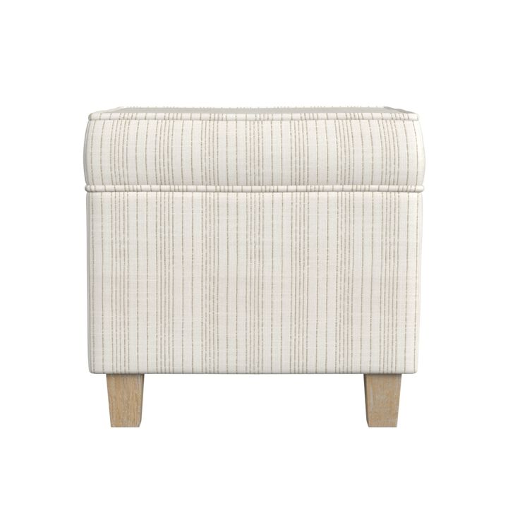 Pyp Square Storage Ottoman, 18 Inch Ivory Pinstripe Fabric, Brown Legs - Benzara