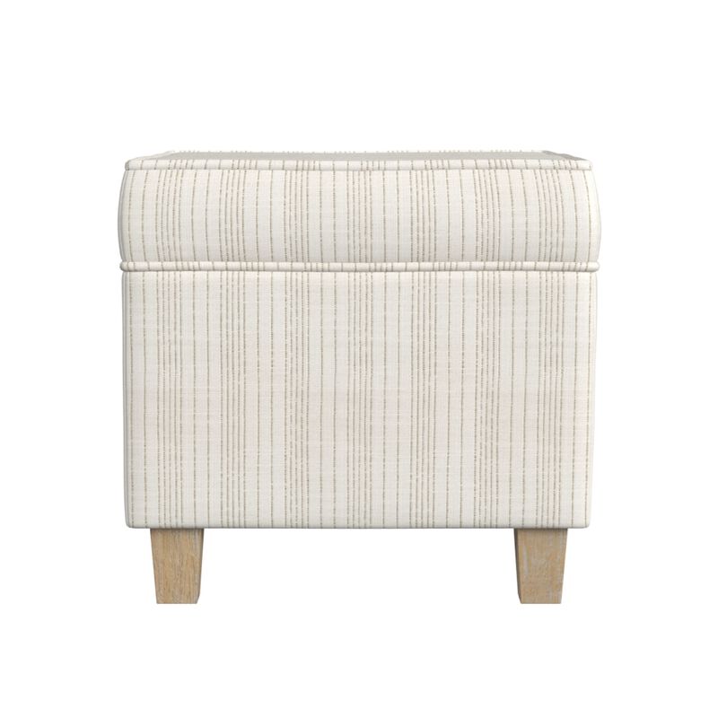 Pyp Square Storage Ottoman, 18 Inch Ivory Pinstripe Fabric, Brown Legs - Benzara