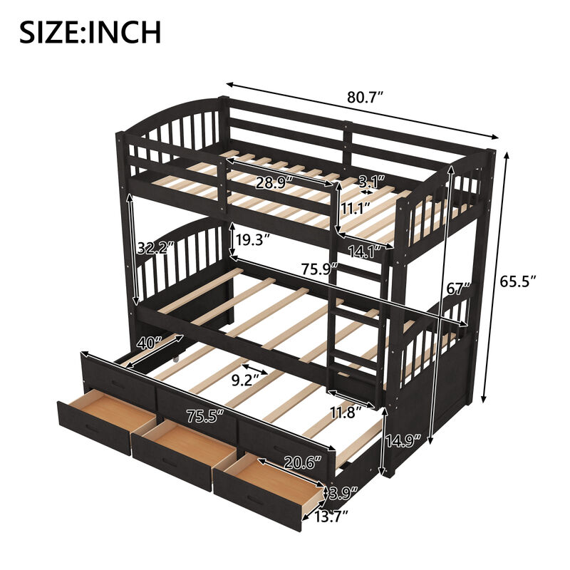 Twin Over Twin Wood Bunk Bed With Trundle And Drawers