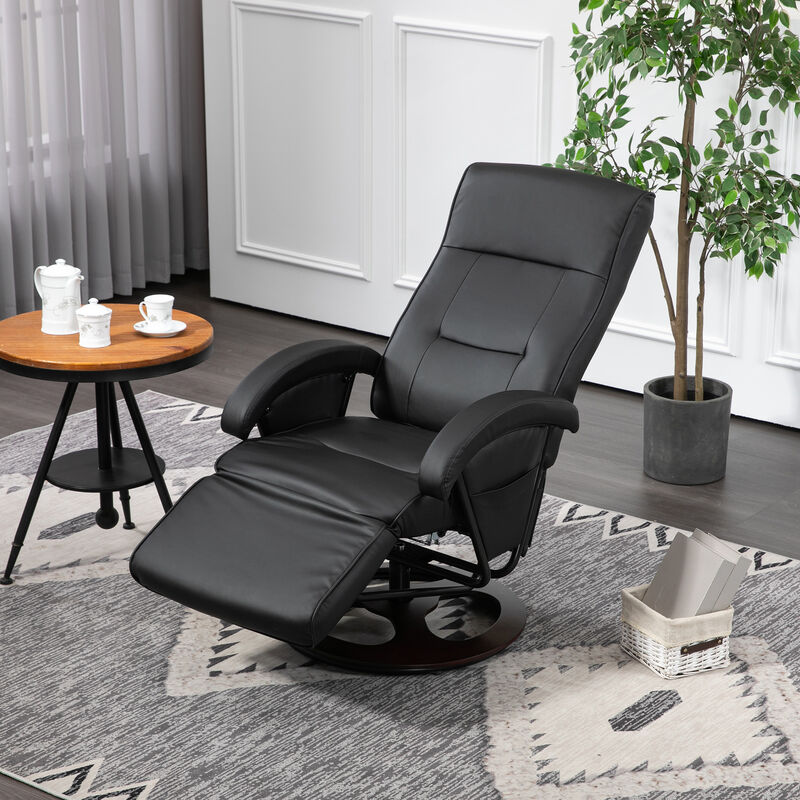 HOMCOM PU Recliner with Footrest, Lounge Chair with 135° Adjustable Backrest, Swivel Wood Base, Padded Seat & Armrests for Living Room, Black