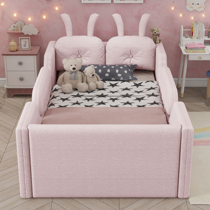 Whisen Twin Size Upholstered Floor Bed with Rabbit Cushion, Kids Platform Bed with Removable Side Rails